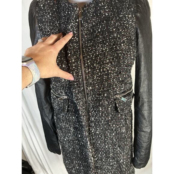 Zara Woman Bouclé Wool Alpaca Mohair XS Black Leather Sleeved lined Coat Jacket - Picture 5 of 8
